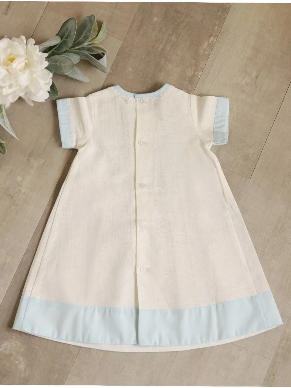 Boy's Ivory Cotton Linen Heirloom Daygown Blue Accents Coming Home 1st Portraits